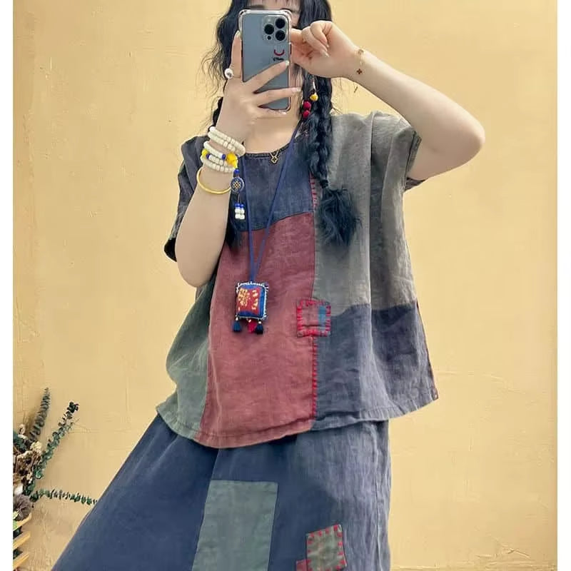 Sets Patchwork Vintage Shirt and Casual Harem Pants