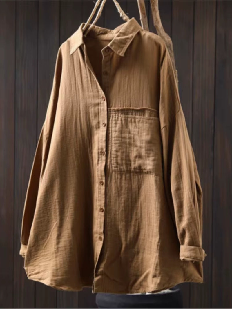 Cotton Turn-Down Collar Long Sleeve Blouse