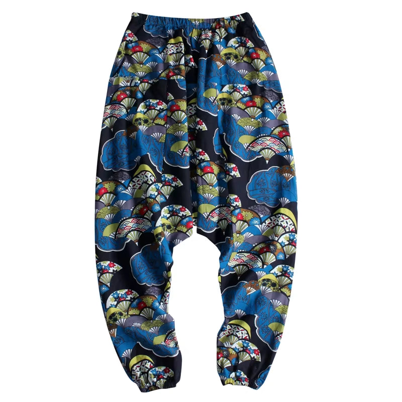2023 Men Harem Pants Print Retro Drop Crotch Joggers Cotton Trousers Men Baggy Loose Nepal Style Men Casual Pants S-5XL