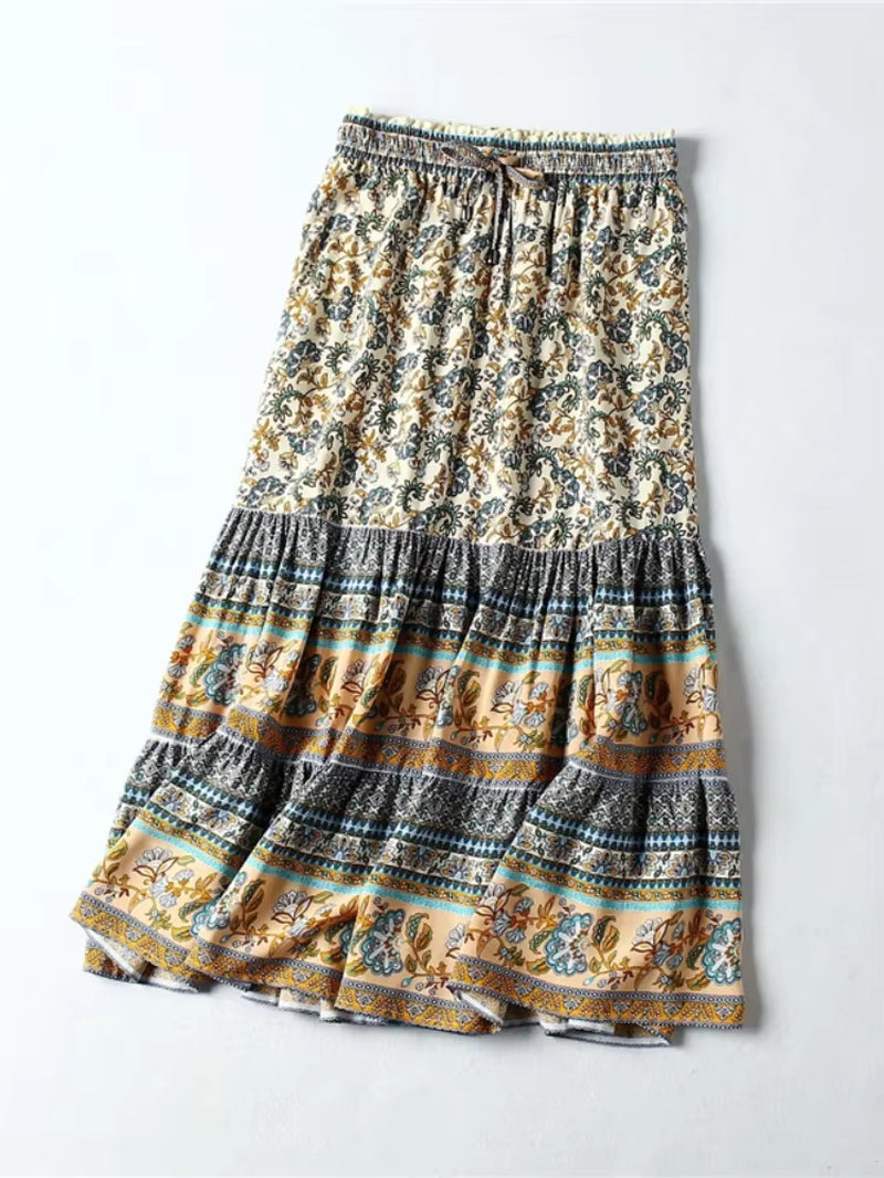 Vintage Chic Hippie Women Floral Peacock Printed High Waist Beach Bohemian Skirts Ladies Rayon Cotton A-Line Midi Boho Skirt