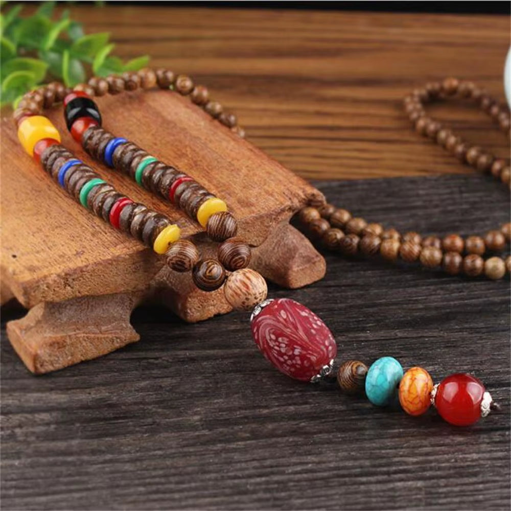 Unisex Handmade Nepal Buddhist Mala Wood Beads Pendant Necklace Boho Hippie Style Ethnic Long Pendant Men Women'S Jewelry Gifts