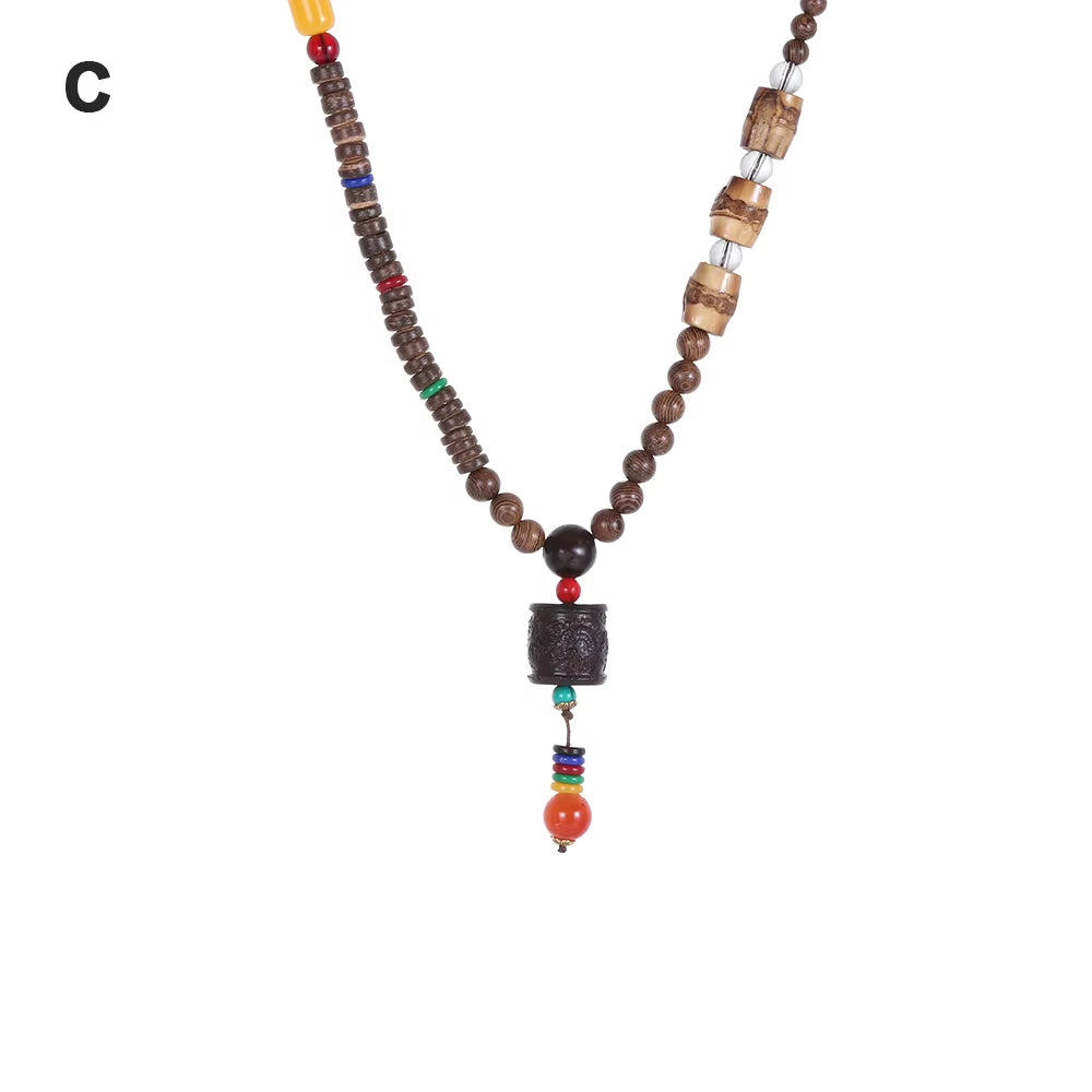 Unisex Handmade Nepal Buddhist Mala Wood Beads Pendant Necklace Boho Hippie Style Ethnic Long Pendant Men Women'S Jewelry Gifts