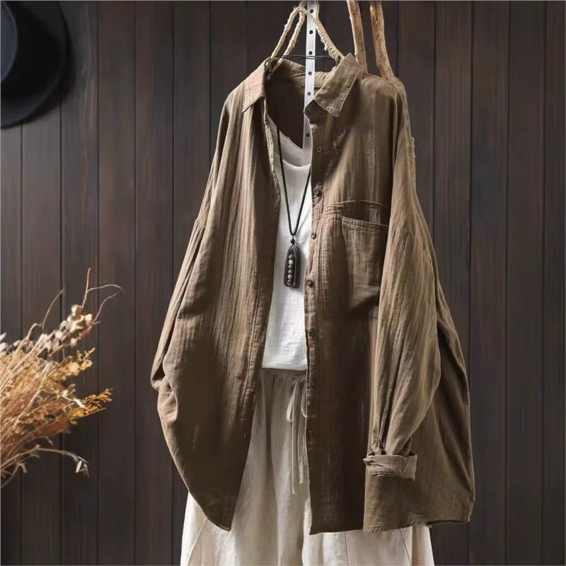 Cotton Turn-Down Collar Long Sleeve Blouse