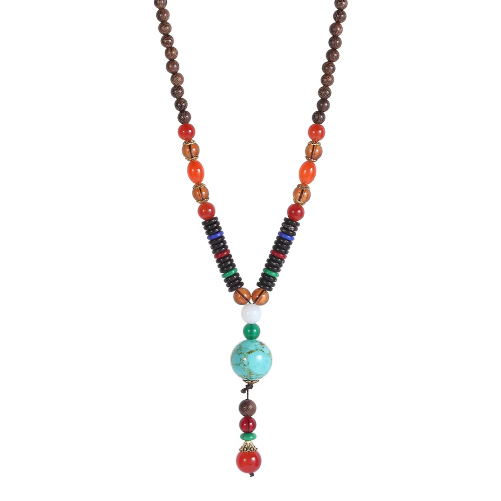 Unisex Handmade Nepal Buddhist Mala Wood Beads Pendant Necklace Boho Hippie Style Ethnic Long Pendant Men Women'S Jewelry Gifts