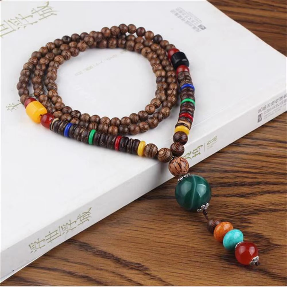Unisex Handmade Nepal Buddhist Mala Wood Beads Pendant Necklace Boho Hippie Style Ethnic Long Pendant Men Women'S Jewelry Gifts