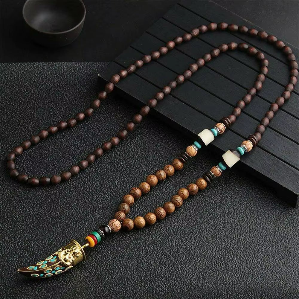 Unisex Handmade Nepal Buddhist Mala Wood Beads Pendant Necklace Boho Hippie Style Ethnic Long Pendant Men Women'S Jewelry Gifts
