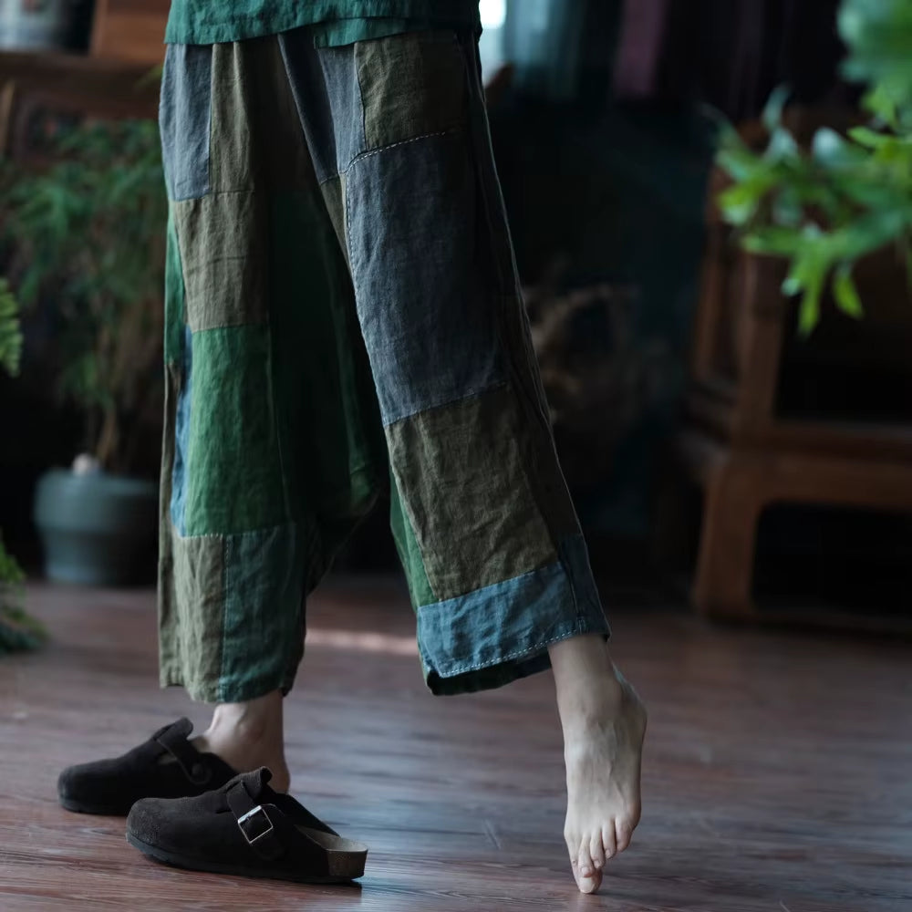 Wide Leg Pants Elastic Waist Patchwork