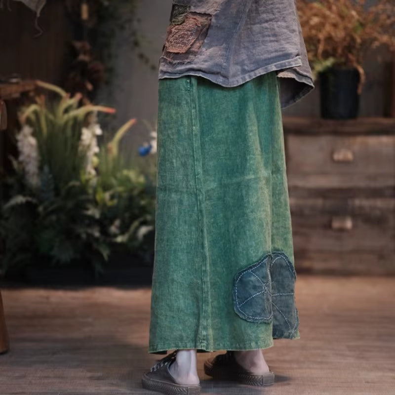 High Quality Cotton Linen Long Green Skirt Autumn