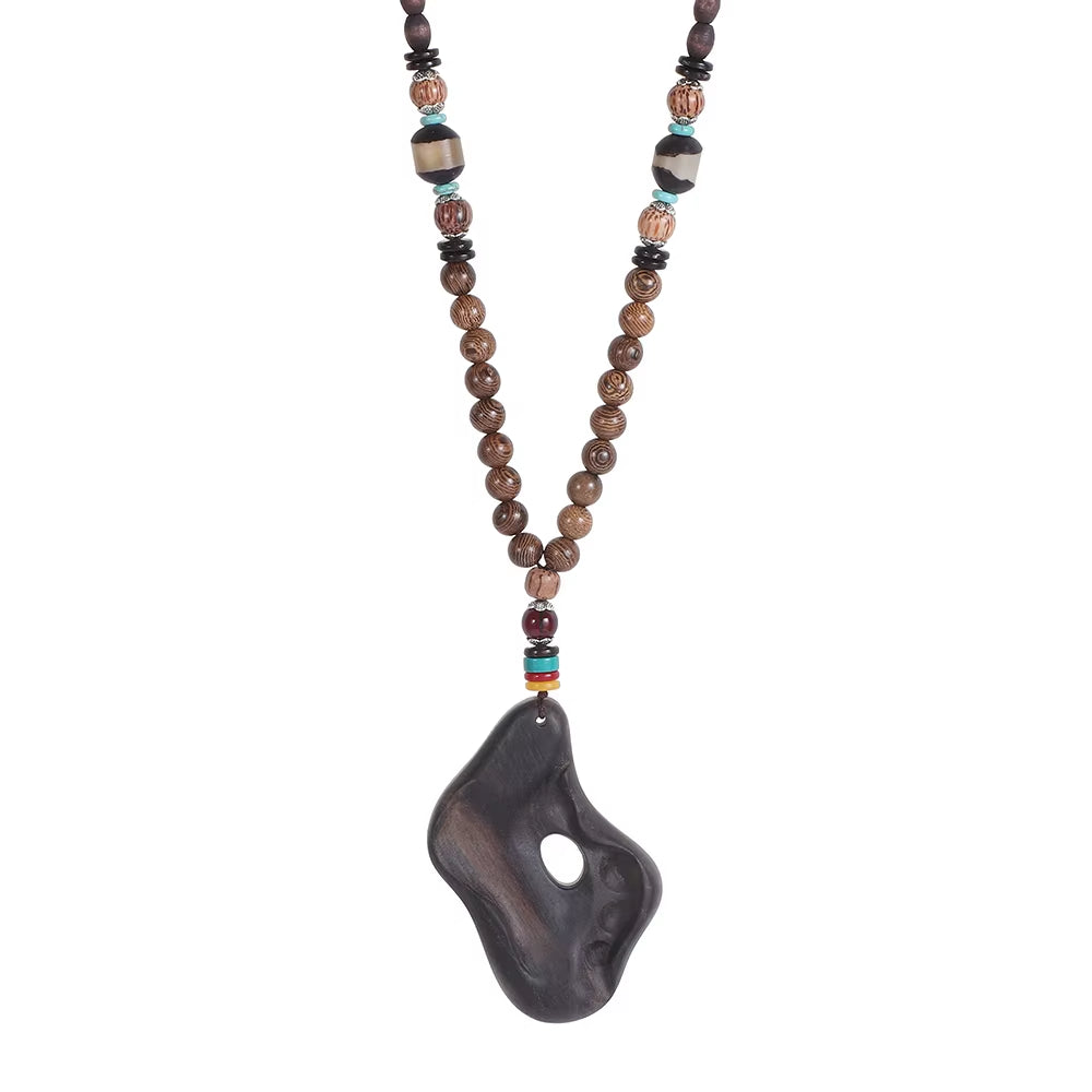 Unisex Handmade Nepal Buddhist Mala Wood Beads Pendant Necklace Boho Hippie Style Ethnic Long Pendant Men Women'S Jewelry Gifts