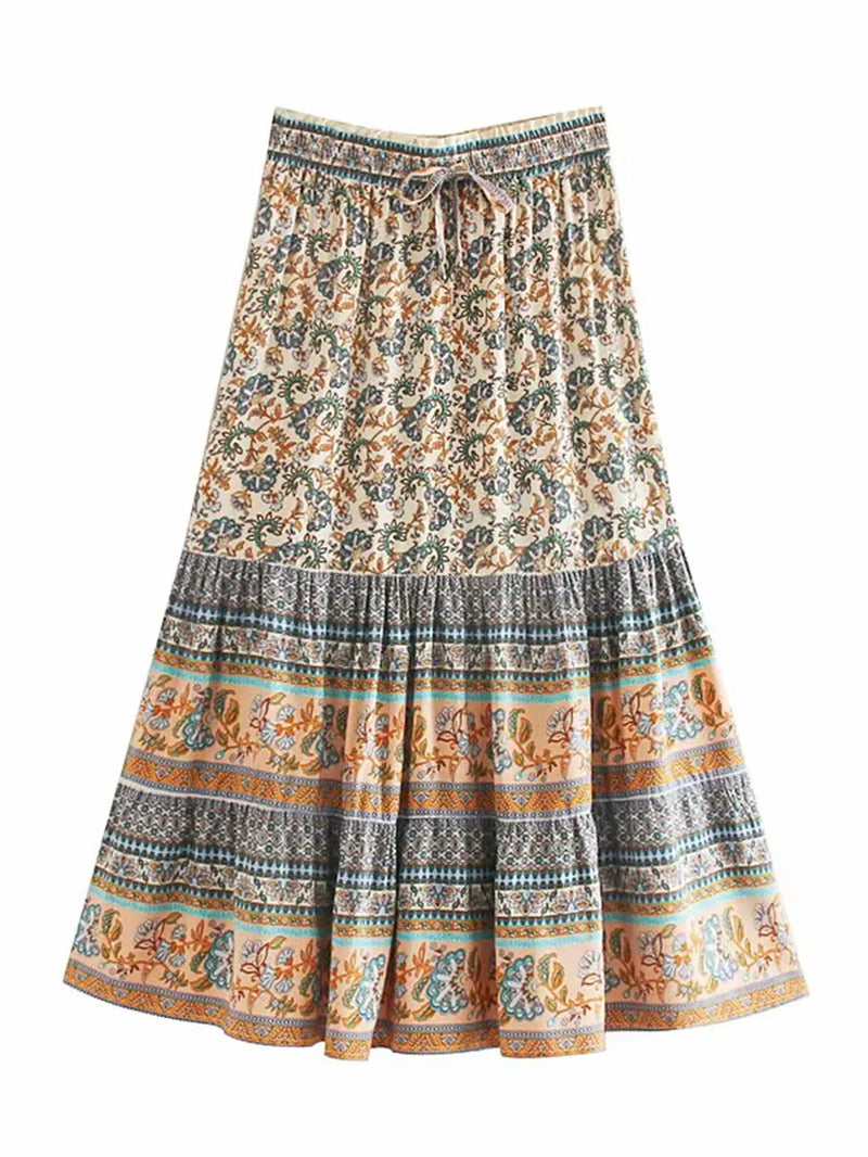 Vintage Chic Hippie Women Floral Peacock Printed High Waist Beach Bohemian Skirts Ladies Rayon Cotton A-Line Midi Boho Skirt