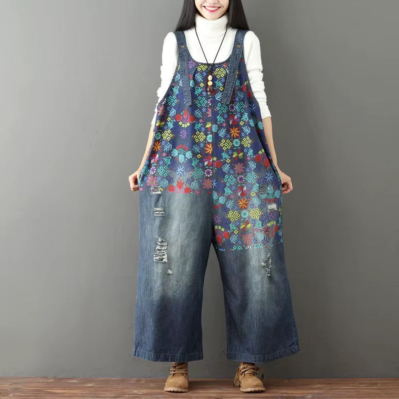 Printed Floral Overall Jeans