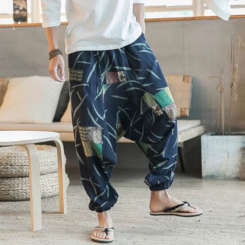 2023 Men Harem Pants Print Retro Drop Crotch Joggers Cotton Trousers Men Baggy Loose Nepal Style Men Casual Pants S-5XL