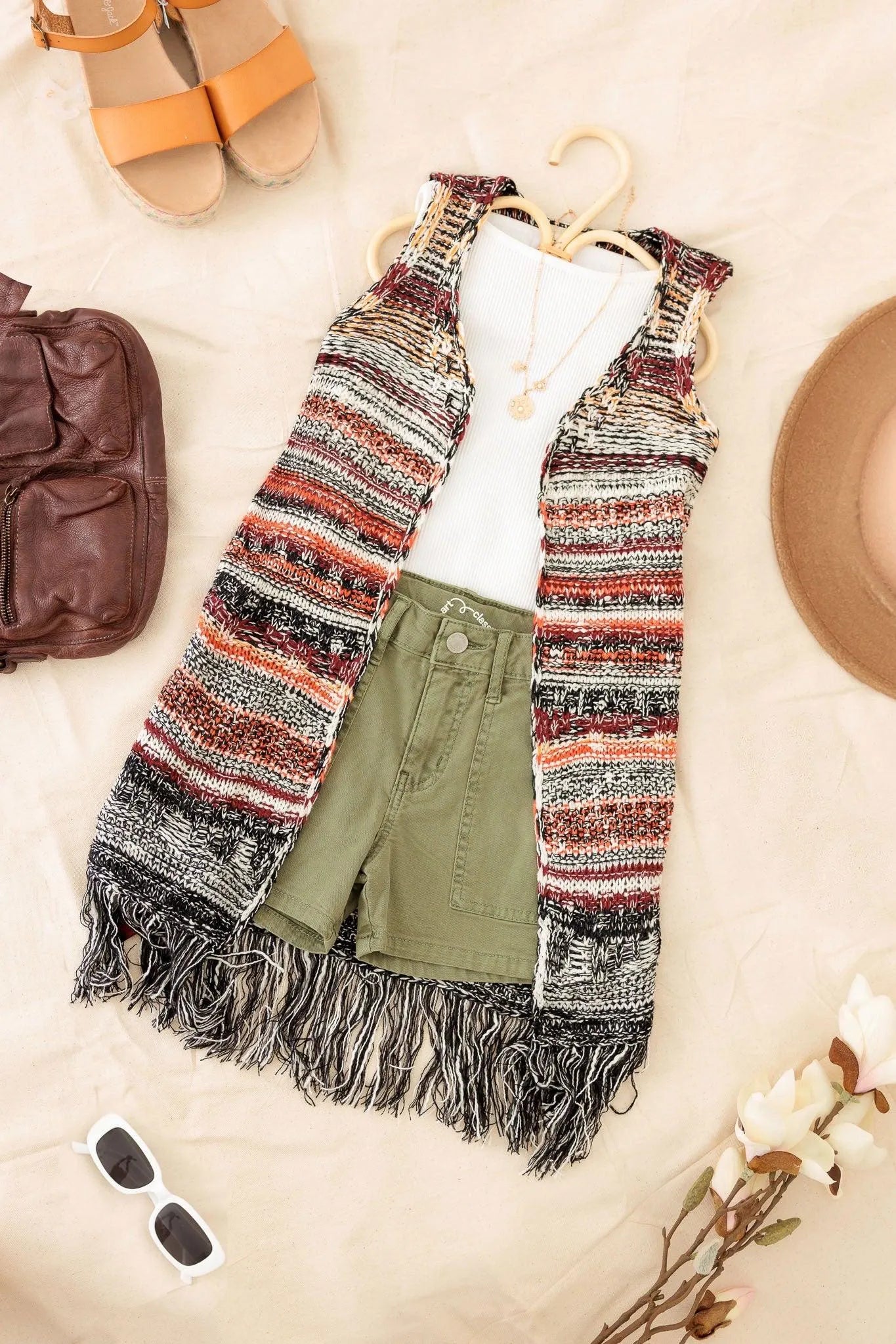 Striped Crochet Fringe Vest