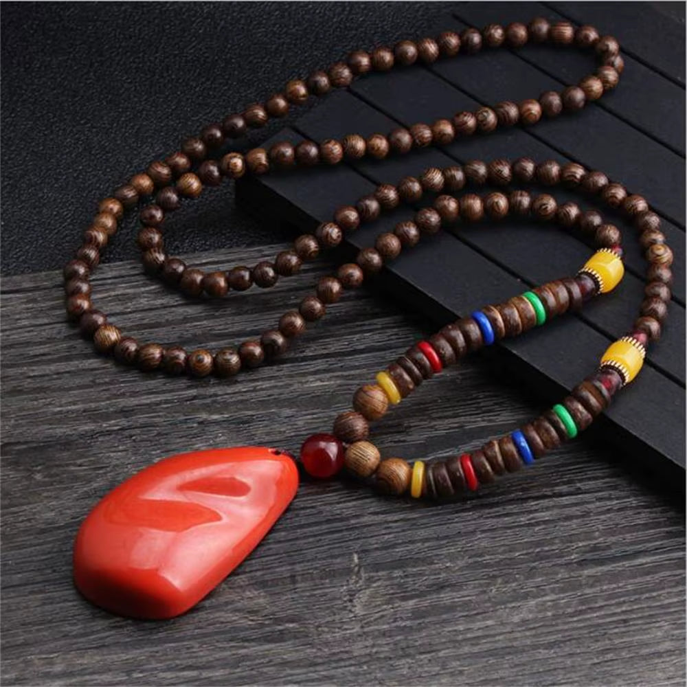 Unisex Handmade Nepal Buddhist Mala Wood Beads Pendant Necklace Boho Hippie Style Ethnic Long Pendant Men Women'S Jewelry Gifts