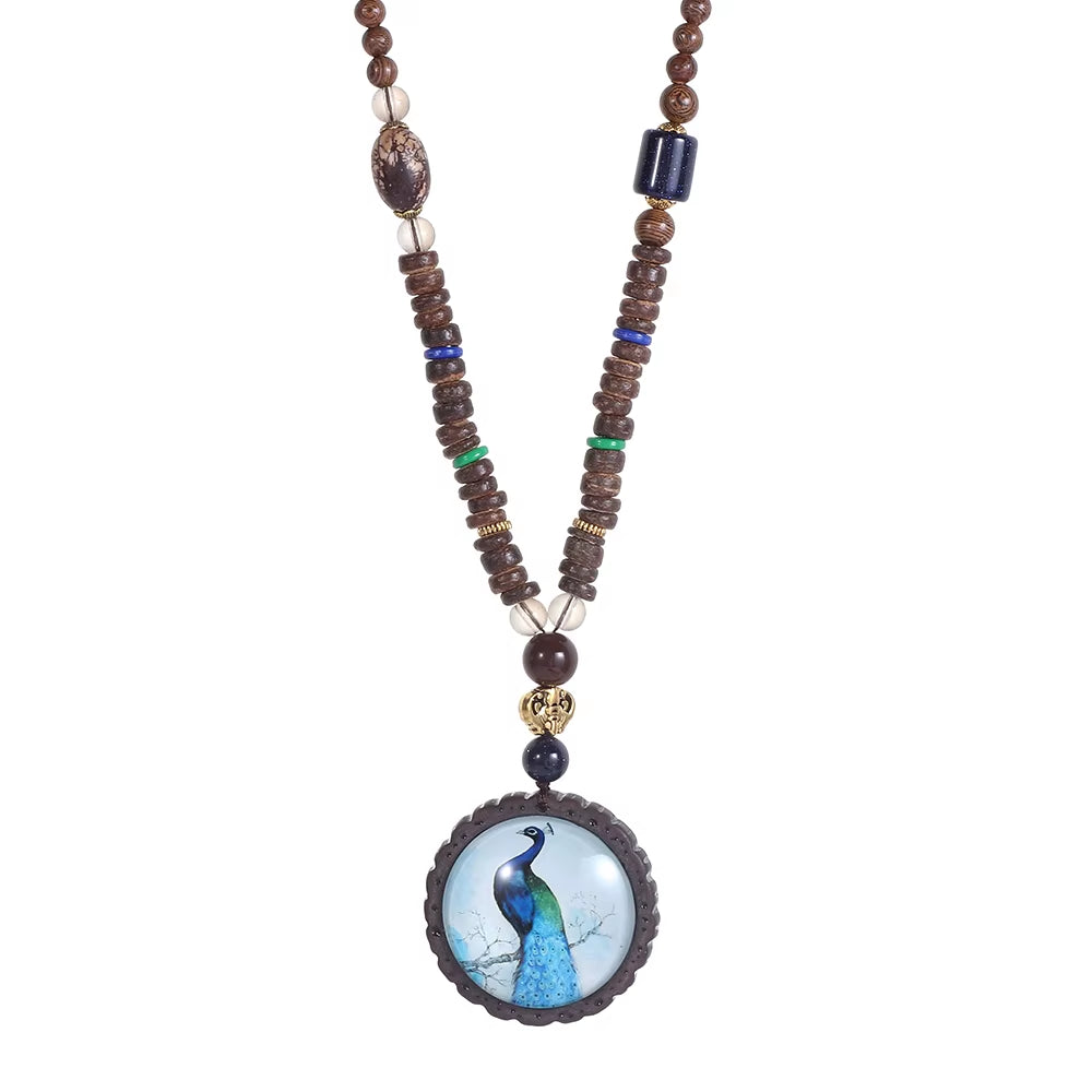 Unisex Handmade Nepal Buddhist Mala Wood Beads Pendant Necklace Boho Hippie Style Ethnic Long Pendant Men Women'S Jewelry Gifts