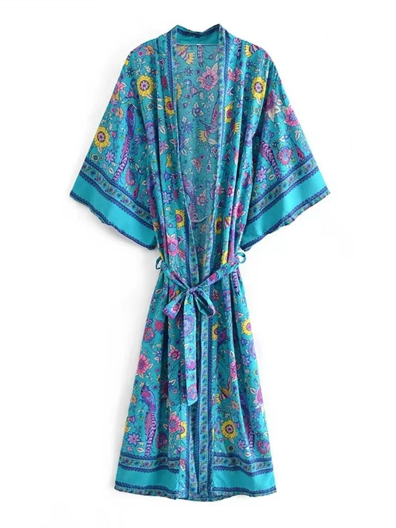 Blue Peacock Floral Print Sashes Bohemian Kimono for Women V Neck Batwing Sleeves Beach Maxi Dress Boho Robe Cover-Ups