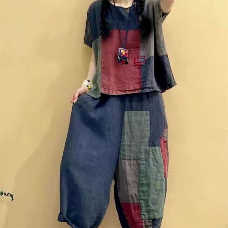 Sets Patchwork Vintage Shirt and Casual Harem Pants