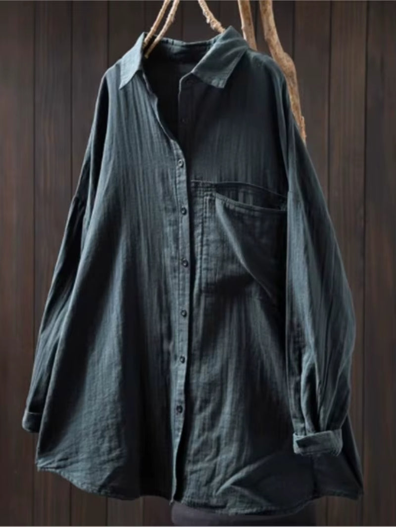 Cotton Turn-Down Collar Long Sleeve Blouse