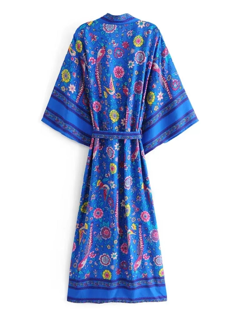 Blue Peacock Floral Print Sashes Bohemian Kimono for Women V Neck Batwing Sleeves Beach Maxi Dress Boho Robe Cover-Ups