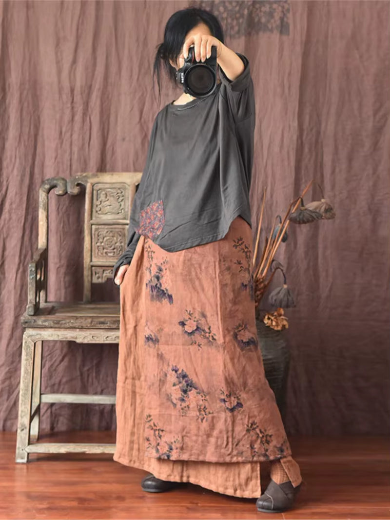 Women Linen Patchwork Skirts Ladies Loose Skirt Female 2025 Skirt Spring Autumn Summer Skirts