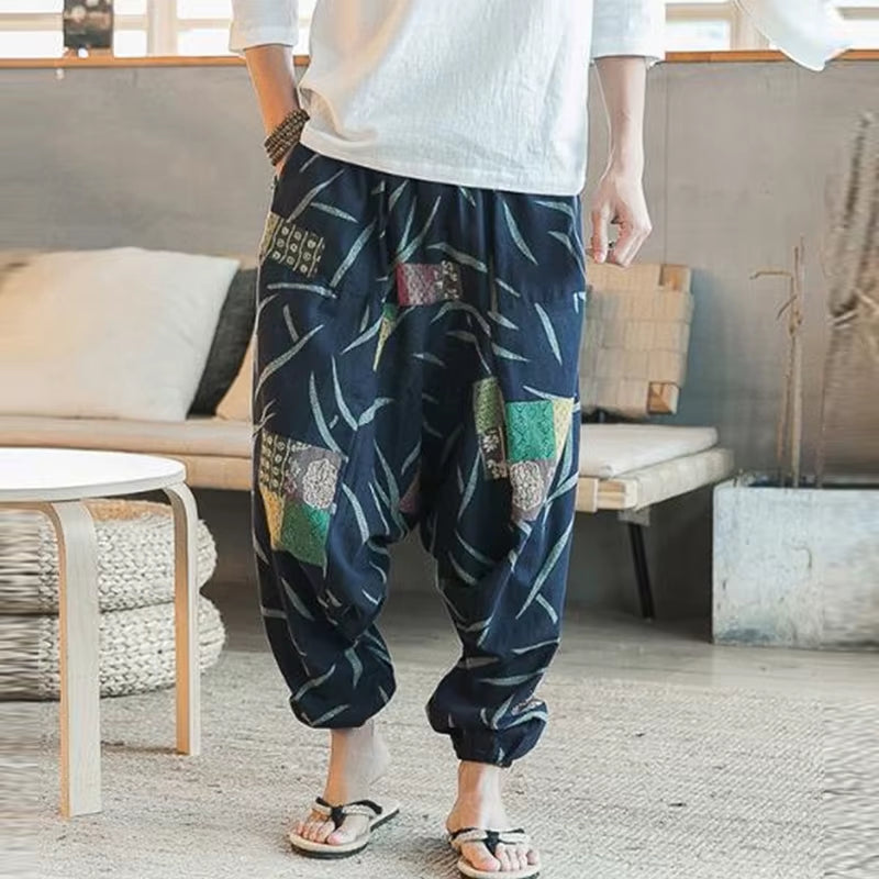 2023 Men Harem Pants Print Retro Drop Crotch Joggers Cotton Trousers Men Baggy Loose Nepal Style Men Casual Pants S-5XL