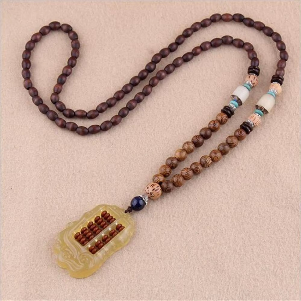 Unisex Handmade Nepal Buddhist Mala Wood Beads Pendant Necklace Boho Hippie Style Ethnic Long Pendant Men Women'S Jewelry Gifts