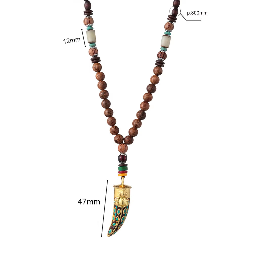 Unisex Handmade Nepal Buddhist Mala Wood Beads Pendant Necklace Boho Hippie Style Ethnic Long Pendant Men Women'S Jewelry Gifts