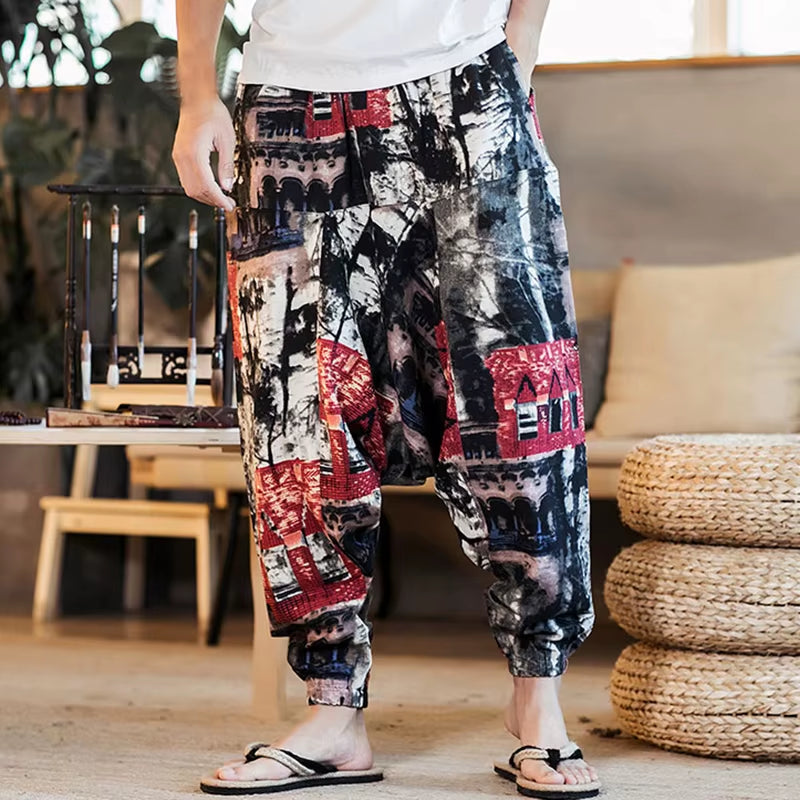2023 Men Harem Pants Print Retro Drop Crotch Joggers Cotton Trousers Men Baggy Loose Nepal Style Men Casual Pants S-5XL