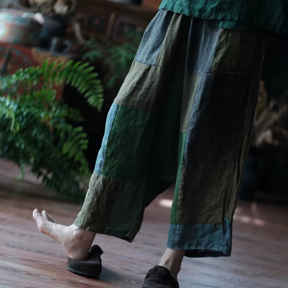 Wide Leg Pants Elastic Waist Patchwork