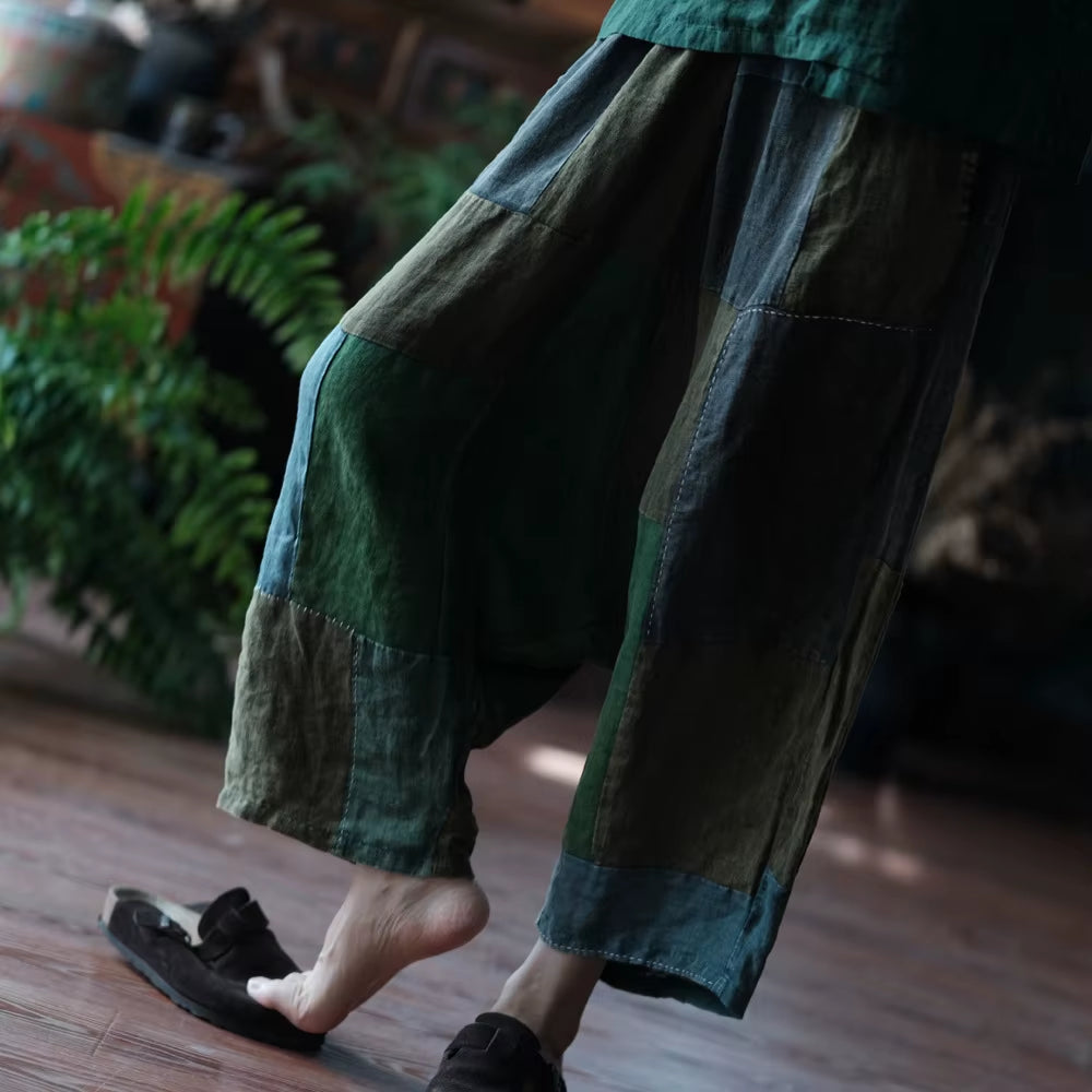 Wide Leg Pants Elastic Waist Patchwork