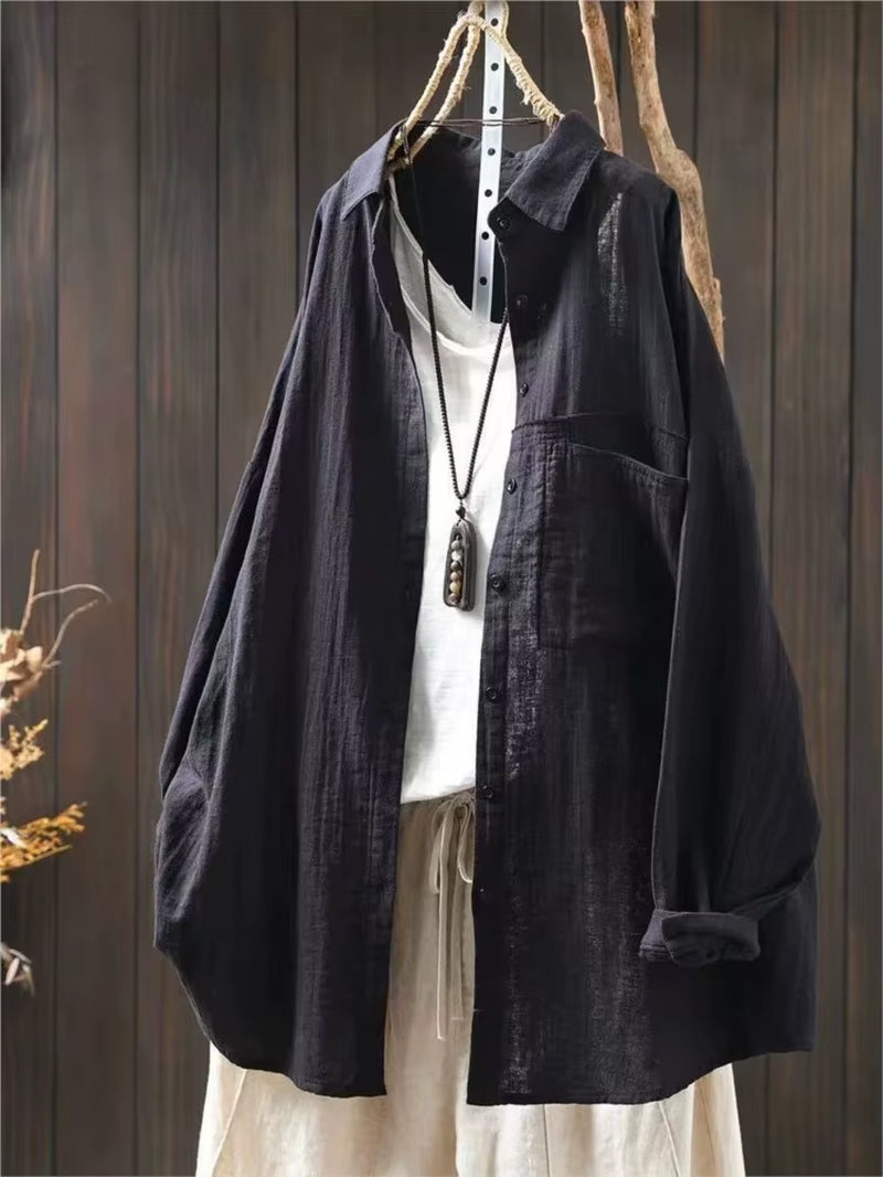 Cotton Turn-Down Collar Long Sleeve Blouse