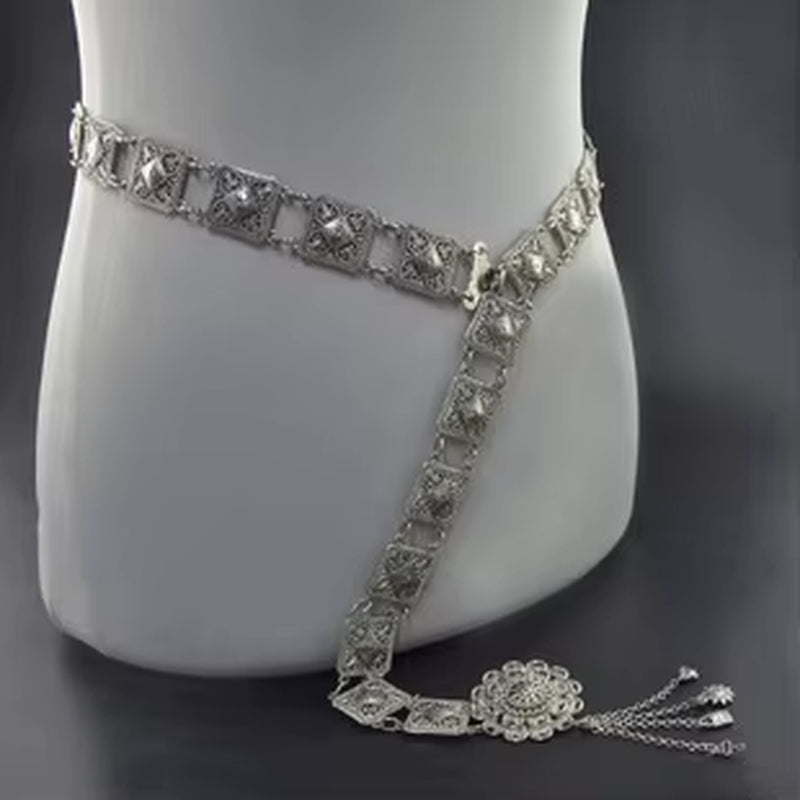 Medieval Celtic Metal Chain Belt Drop Tassel Women Boho Renaissance Silver Decoration Dance Belly Jewelry Costume Accessory