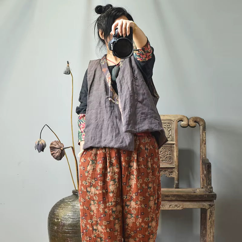 Women Loose Retro Linen Patchwork Padded Vests Top Waistcoat Outerwear Ladies Vintage Flax Vest Female 2020 Autumn Winter Vests