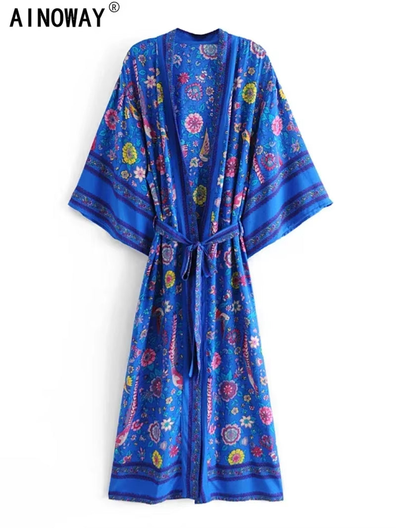 Blue Peacock Floral Print Sashes Bohemian Kimono for Women V Neck Batwing Sleeves Beach Maxi Dress Boho Robe Cover-Ups