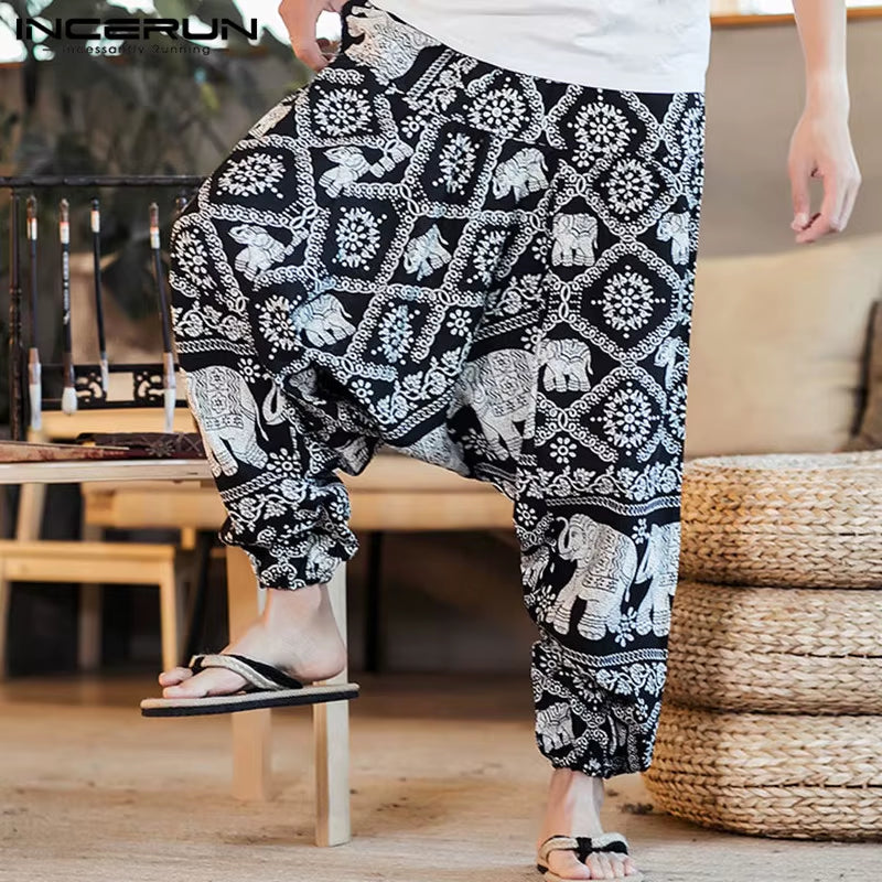 2023 Men Harem Pants Print Retro Drop Crotch Joggers Cotton Trousers Men Baggy Loose Nepal Style Men Casual Pants S-5XL