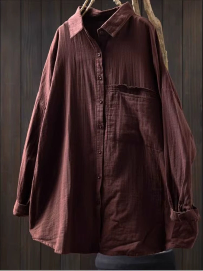 Cotton Turn-Down Collar Long Sleeve Blouse