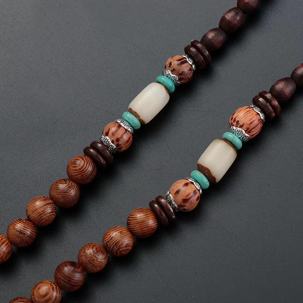 Unisex Handmade Nepal Buddhist Mala Wood Beads Pendant Necklace Boho Hippie Style Ethnic Long Pendant Men Women'S Jewelry Gifts