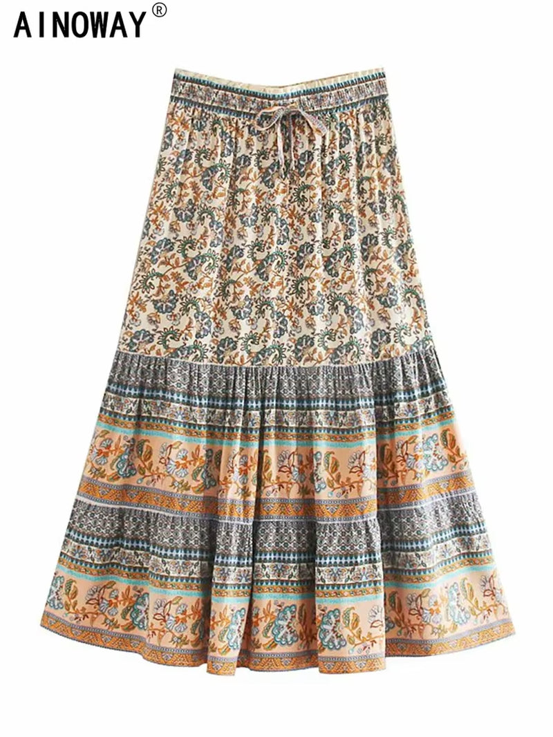 Vintage Chic Hippie Women Floral Peacock Printed High Waist Beach Bohemian Skirts Ladies Rayon Cotton A-Line Midi Boho Skirt
