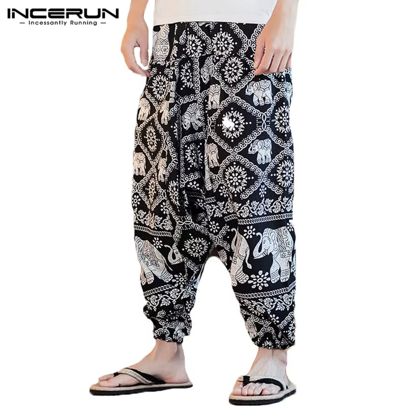 2023 Men Harem Pants Print Retro Drop Crotch Joggers Cotton Trousers Men Baggy Loose Nepal Style Men Casual Pants S-5XL