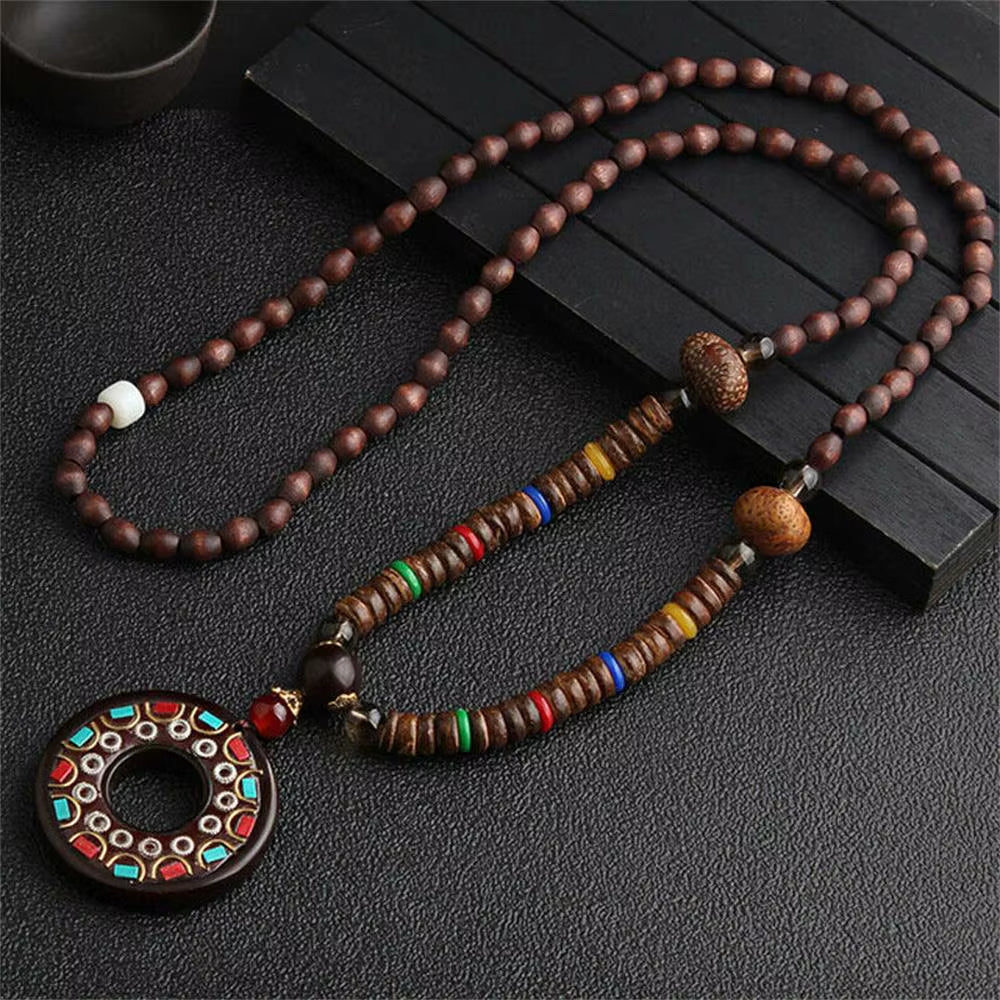 Unisex Handmade Nepal Buddhist Mala Wood Beads Pendant Necklace Boho Hippie Style Ethnic Long Pendant Men Women'S Jewelry Gifts