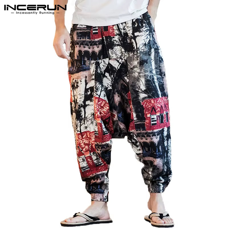 2023 Men Harem Pants Print Retro Drop Crotch Joggers Cotton Trousers Men Baggy Loose Nepal Style Men Casual Pants S-5XL