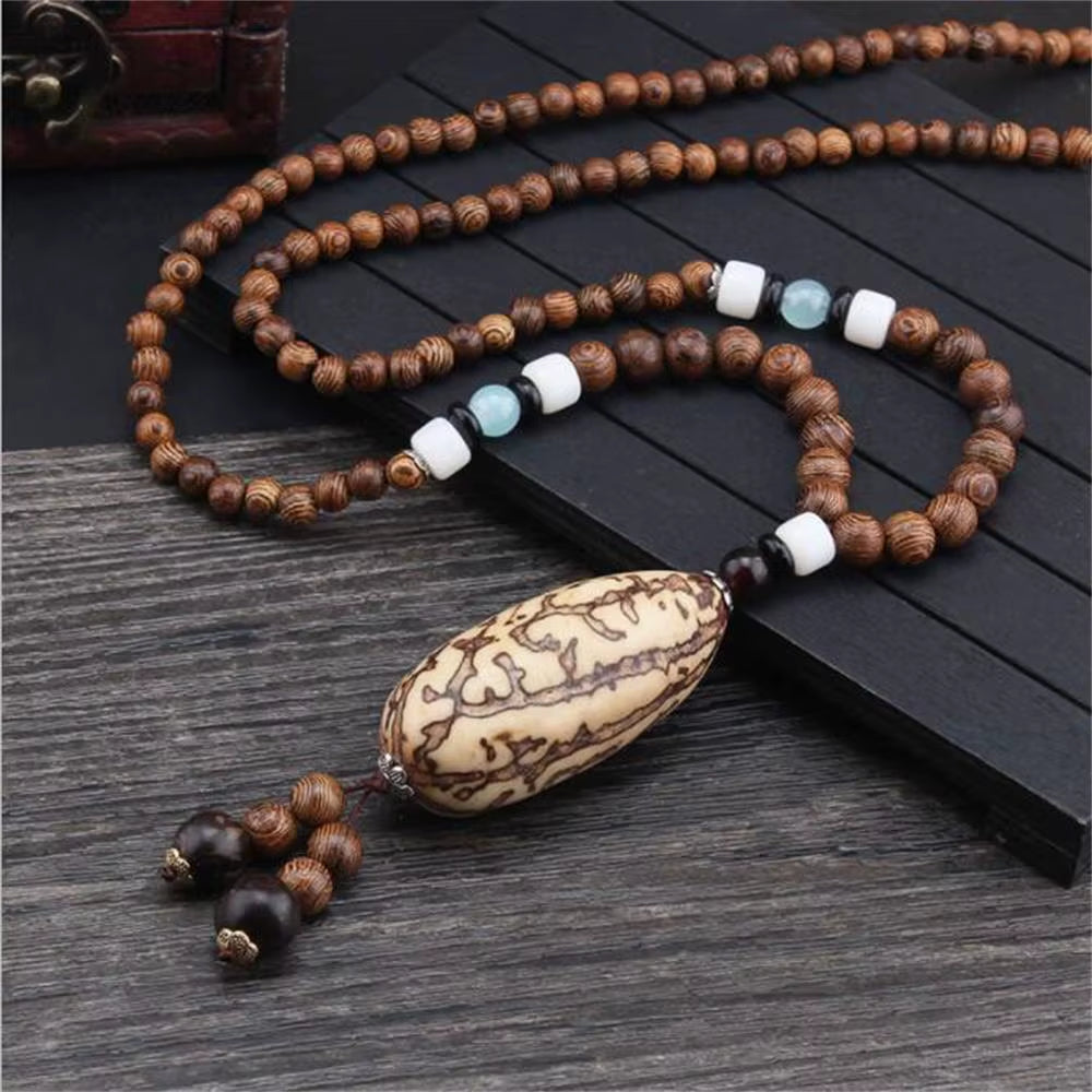 Unisex Handmade Nepal Buddhist Mala Wood Beads Pendant Necklace Boho Hippie Style Ethnic Long Pendant Men Women'S Jewelry Gifts