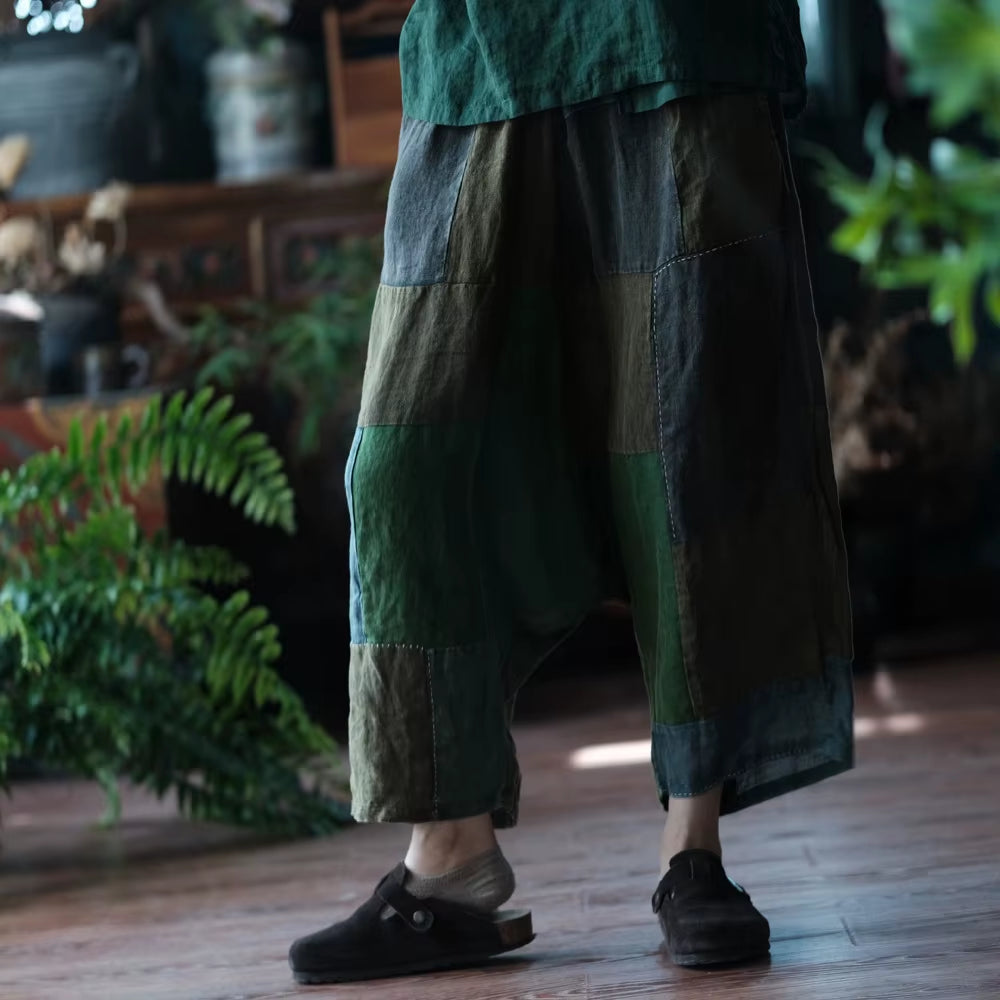 Wide Leg Pants Elastic Waist Patchwork