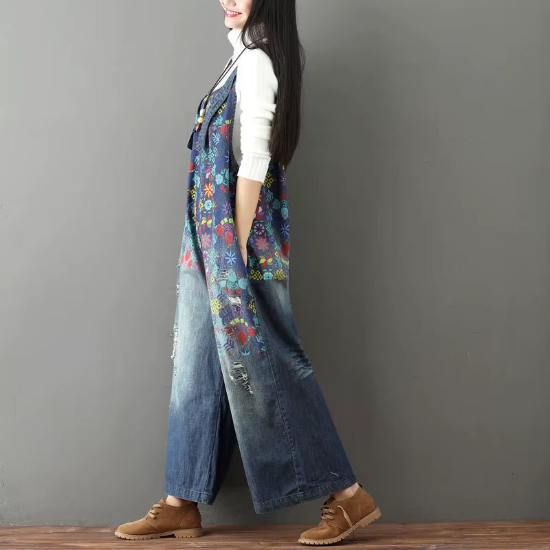 Printed Floral Overall Jeans