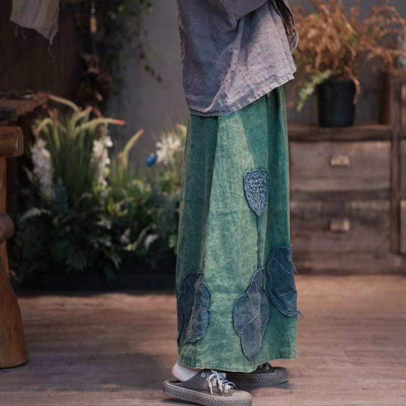 High Quality Cotton Linen Long Green Skirt Autumn
