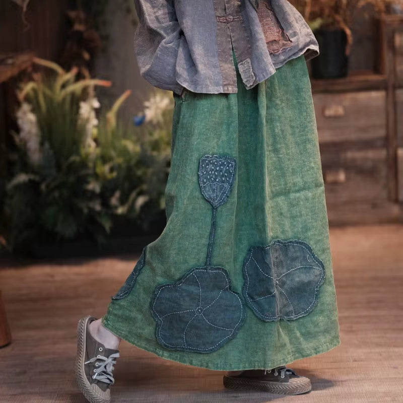 High Quality Cotton Linen Long Green Skirt Autumn
