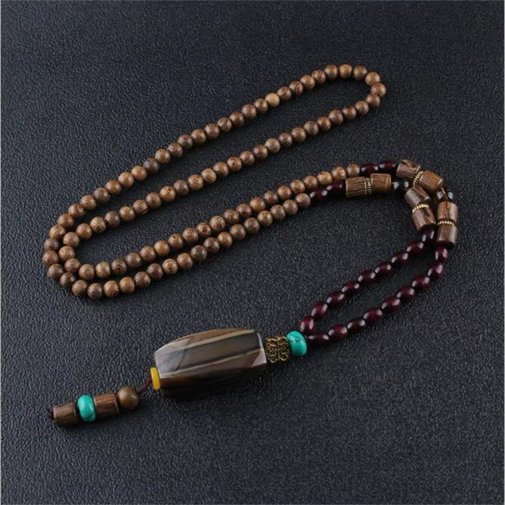 Unisex Handmade Nepal Buddhist Mala Wood Beads Pendant Necklace Boho Hippie Style Ethnic Long Pendant Men Women'S Jewelry Gifts