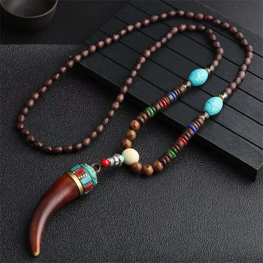 Unisex Handmade Nepal Buddhist Mala Wood Beads Pendant Necklace Boho Hippie Style Ethnic Long Pendant Men Women'S Jewelry Gifts