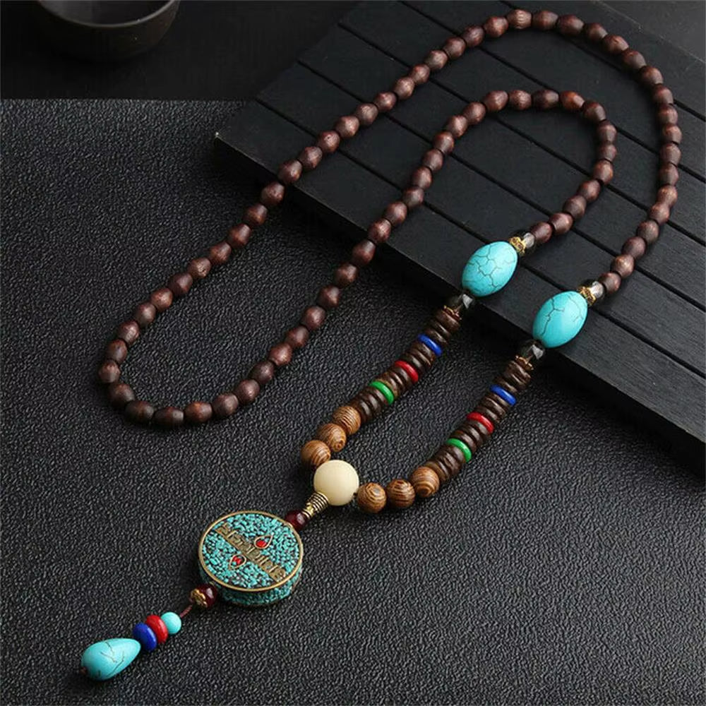 Unisex Handmade Nepal Buddhist Mala Wood Beads Pendant Necklace Boho Hippie Style Ethnic Long Pendant Men Women'S Jewelry Gifts
