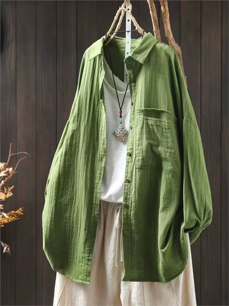 Cotton Turn-Down Collar Long Sleeve Blouse